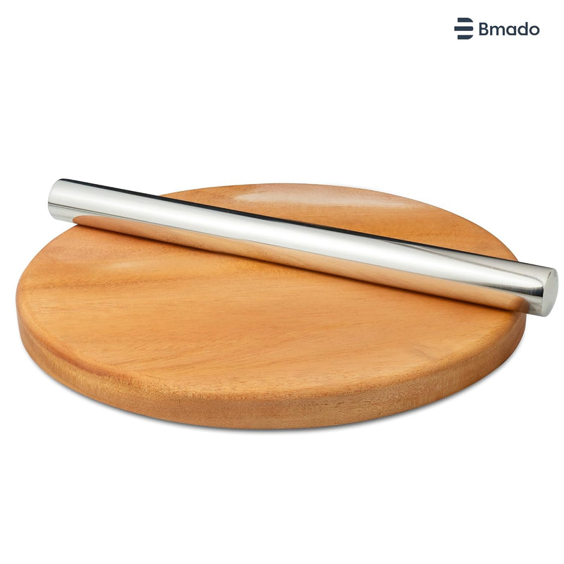 Wooden Chakla Belan Set | 10 Inch Chapati Rolling Board (1 Inch Thick) with 12 Inch Stainless Steel Rolling Pin | Traditional Indian Kitchen Tool for Dough and Flatbread Making