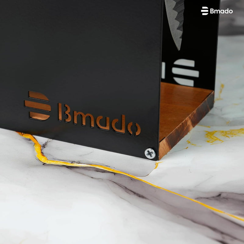 Bmado Premium Wood Knife Stand | 7-Slot Knife Block | Handcrafted Wooden Top with Full Metal Body | Modern Kitchen Countertop Cutlery Organizer | Durable Ventilated Design