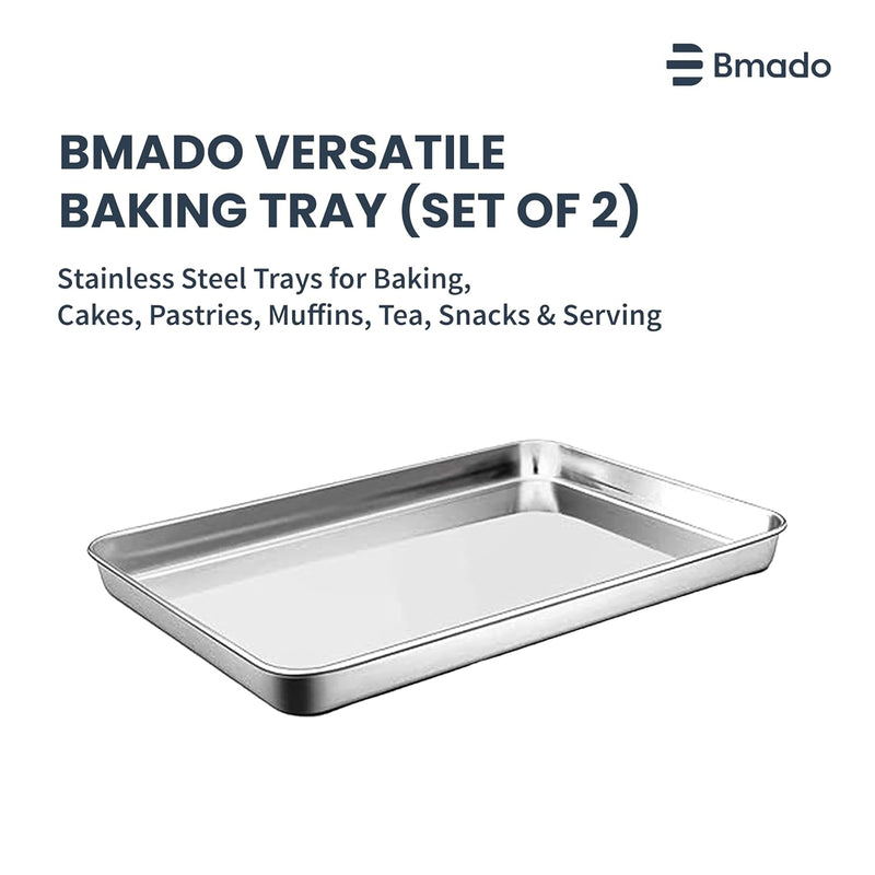 Versatile Tray Set of 2 | Premium Stainless Steel Trays for Cakes, Snacks & Tea Serving | Oven Use Partially Recommended | Durable Rust-Free Kitchen & Serving Tray (32 x 24.5 x 2.5 cm – Large)
