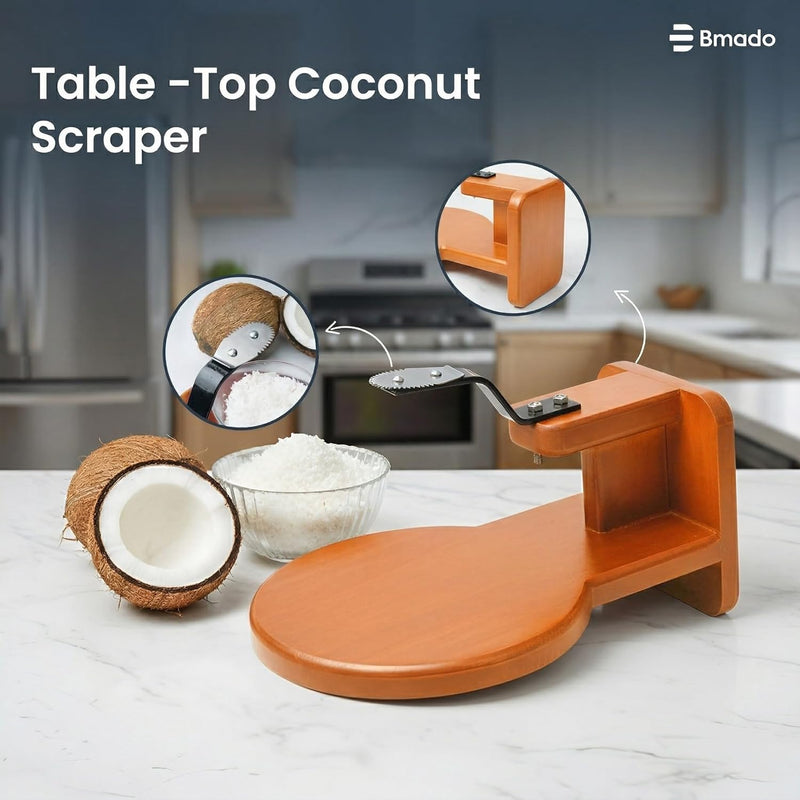 Bmado Wooden Coconut Scraper | Table Top Chirava Grater Thengai Thuruvi with Round Base | Polished Wood & Stainless Steel Blade Kitchen Tool (Medium)