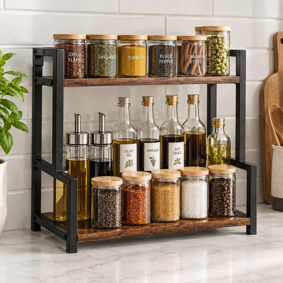 Bmado Kitchen Countertop Organizer Rack | 2 Tier Wooden Corner Shelf for Spice Jars, Kitchen Storage, Makeup & Office Supplies | Arched Design, Adjustable Storage Stand, Rustic Brown
