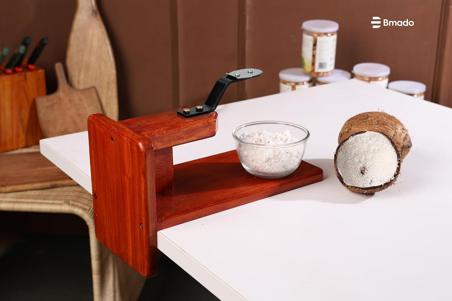 Traditional Polished Wooden Table-Top Manual Coconut Scraper – Chirava Grater Thengai Thuruvi with Stainless Steel Blade, Comfortable to Use (Weight - 850 Gram)