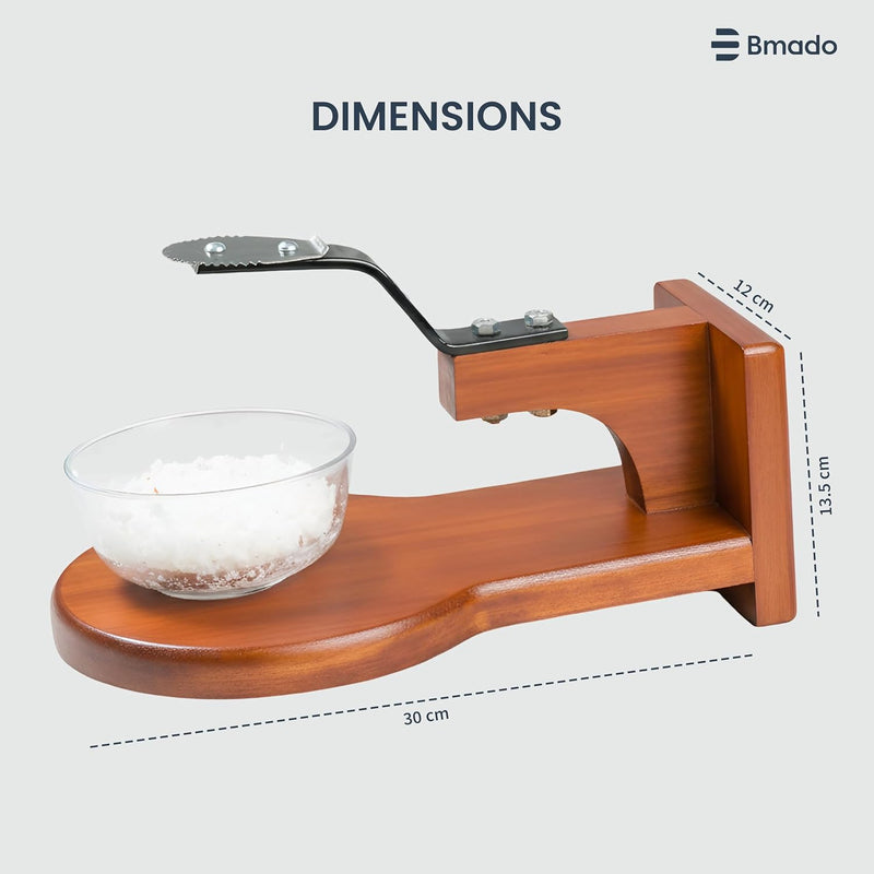 Wooden Coconut Scraper | Tabletop Thengai Thuruvi Chirava Grater with Stable Round Base | Polished Wood Body & Sharp Stainless-Steel Blade | Handy Kitchen Tool for Daily Use (Medium)
