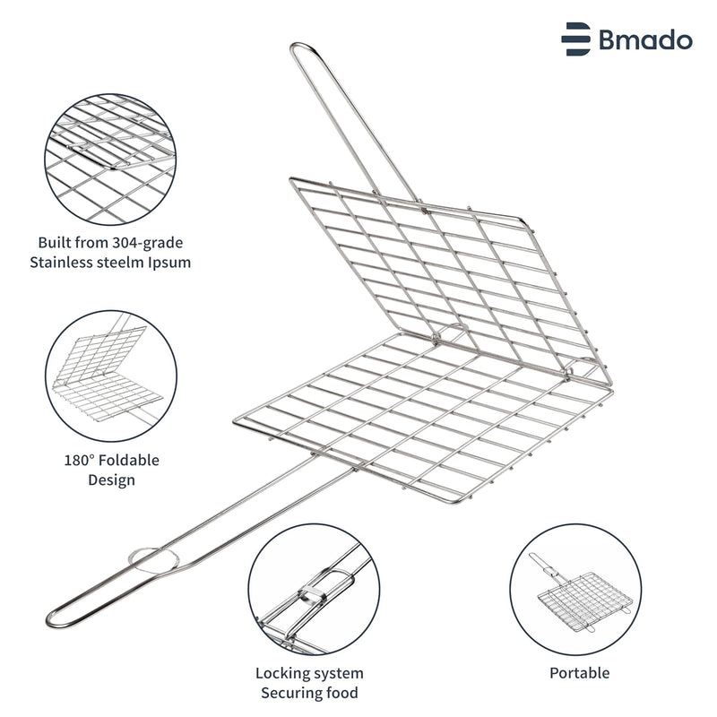 Bmado 304 Grade Stainless Steel BBQ Grill Basket with Long Handle | Heavy Duty Portable Barbecue Grilling Basket for Kebabs, Chicken, Fish, Shrimp & Vegetables | Food Grade Outdoor BBQ Tool