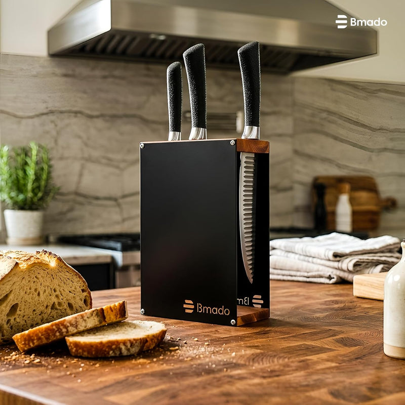 Bmado Premium Wood Knife Stand | 7-Slot Knife Block | Handcrafted Wooden Top with Full Metal Body | Modern Kitchen Countertop Cutlery Organizer | Durable Ventilated Design