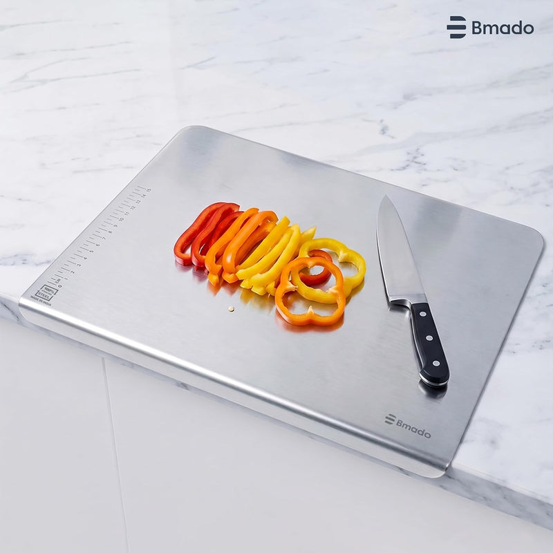 Bmado Premium Food Grade Counter Top Stainless Steel Chopping Cutting Board Vegetable,Fruit,Bread & Durable Safe & Heavy Duty, Regular (351 x 310 x 1.1)
