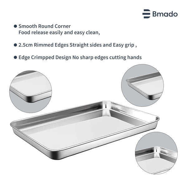 Versatile Tray Set of 2 | Premium Stainless Steel Trays for Cakes, Snacks & Tea Serving | Oven Use Partially Recommended | Durable Rust-Free Kitchen & Serving Tray (32 x 24.5 x 2.5 cm – Large)