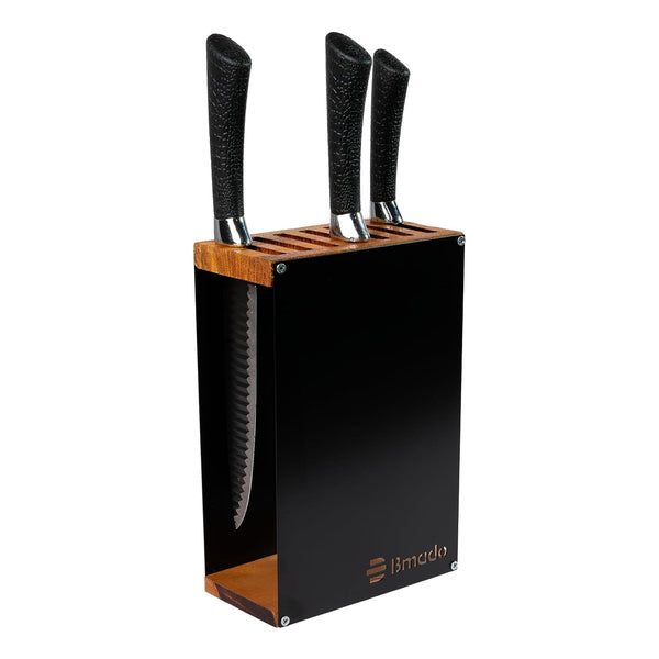 Bmado Premium Wood Knife Stand | 7-Slot Knife Block | Handcrafted Wooden Top with Full Metal Body | Modern Kitchen Countertop Cutlery Organizer | Durable Ventilated Design