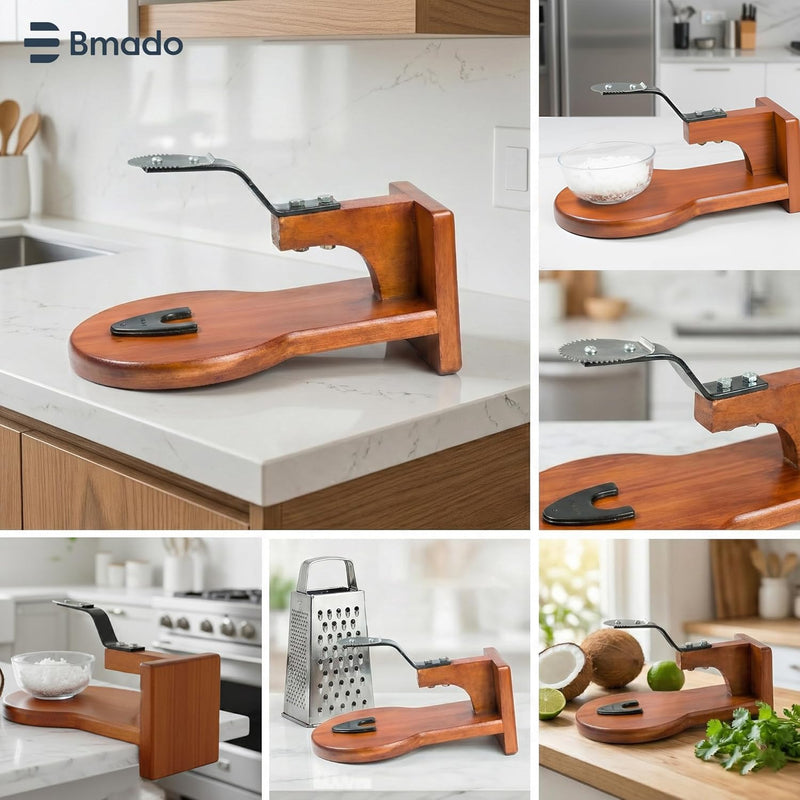 Wooden Coconut Scraper | Tabletop Thengai Thuruvi Chirava Grater with Stable Round Base | Polished Wood Body & Sharp Stainless-Steel Blade | Handy Kitchen Tool for Daily Use (Medium)