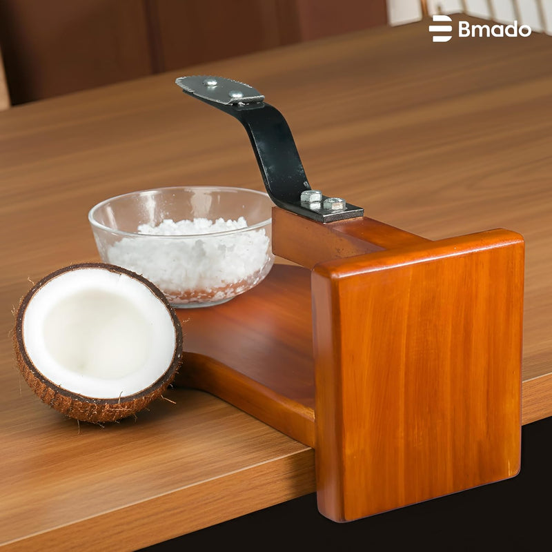 Wooden Coconut Scraper | Tabletop Thengai Thuruvi Chirava Grater with Stable Round Base | Polished Wood Body & Sharp Stainless-Steel Blade | Handy Kitchen Tool for Daily Use (Medium)