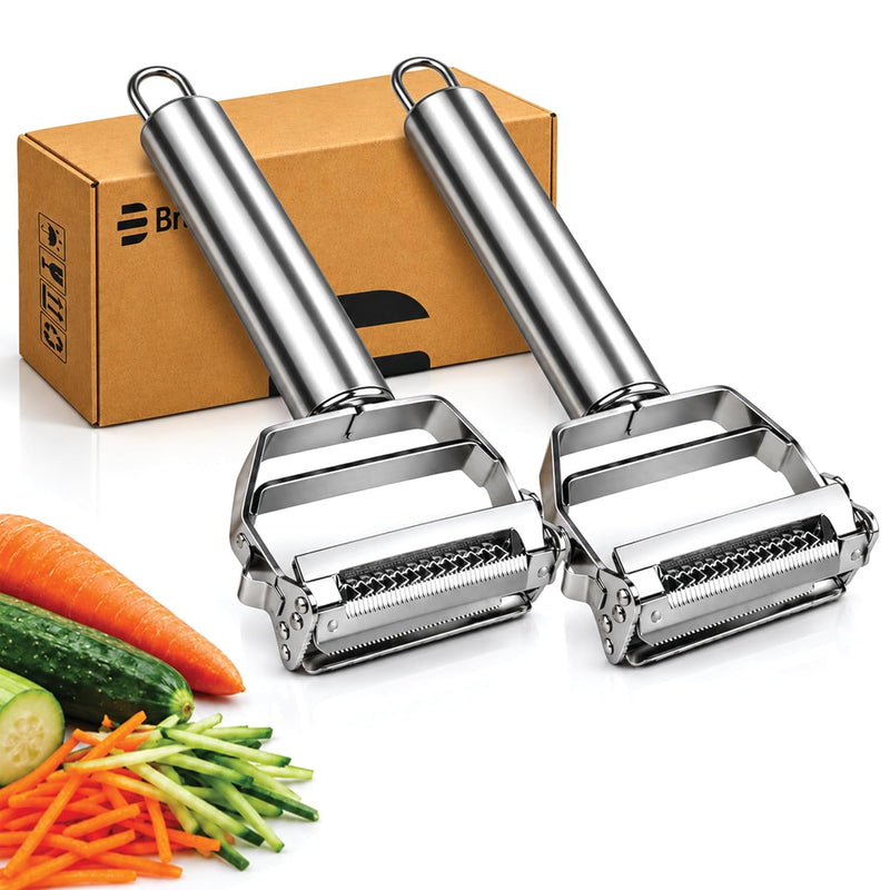 Bmado (Pack of 2) Multi-Function 2-in-1 Fruit & Vegetable Peeler | Stainless Steel Julienne Peeler, Slicer & Grater for Potato, Carrot, Cucumber & More | Silver | 18 L x 8 W x 2.5 H cm