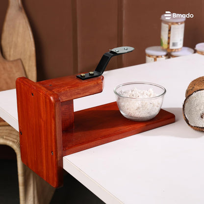 Traditional Polished Wooden Table-Top Manual Coconut Scraper – Chirava Grater Thengai Thuruvi with Stainless Steel Blade, Comfortable to Use (Weight - 850 Gram)