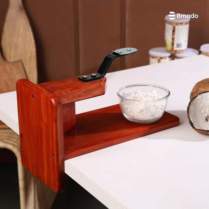 Traditional Polished Wooden Table-Top Manual Coconut Scraper – Chirava Grater Thengai Thuruvi with Stainless Steel Blade, Comfortable to Use (Weight - 850 Gram)