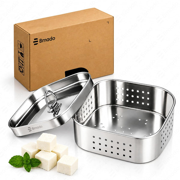 Bmado Stainless Steel Paneer Maker (600 ml) | Square Paneer Mould Press with Lid | Easy Homemade Paneer, Tofu & Cheese Making Tool | Rust Resistant Paneer Strainer | Kitchen Essential