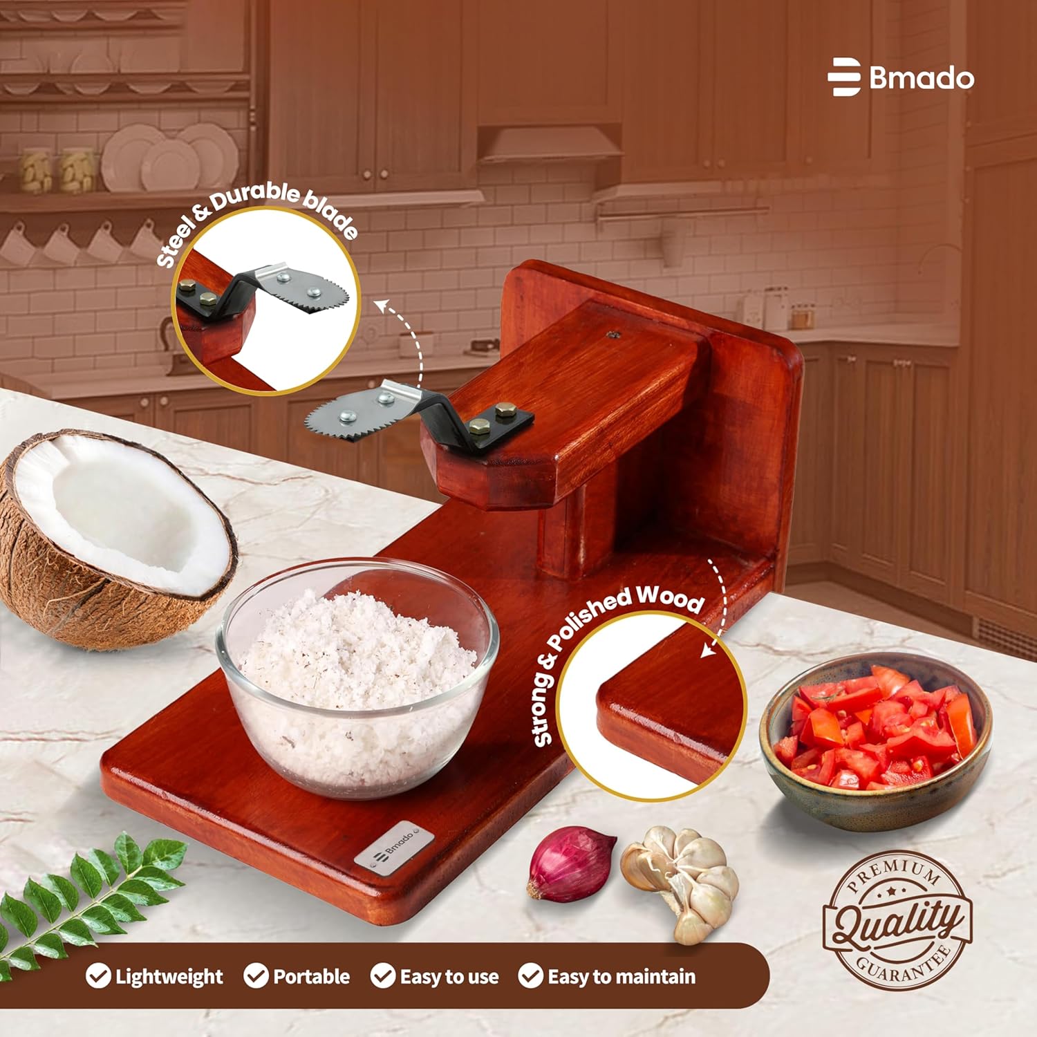 Traditional Polished Wooden Table-Top Manual Coconut Scraper – Chirava Grater Thengai Thuruvi with Stainless Steel Blade, Comfortable to Use (Weight - 850 Gram)