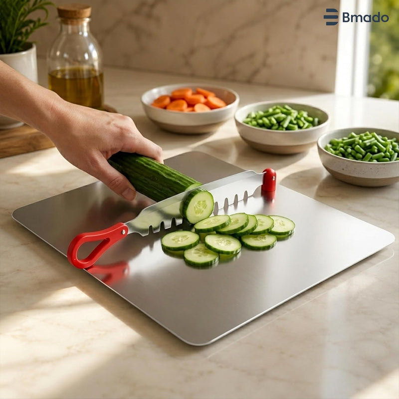 Bmado 304 Stainless Steel Cutting Board with Vegetable Cutter | Premium Food Grade Countertop Chopping Board for Vegetables, Fruits & Bread | Heavy Duty, Durable, Safe | 310 x 340 x 1.3 mm