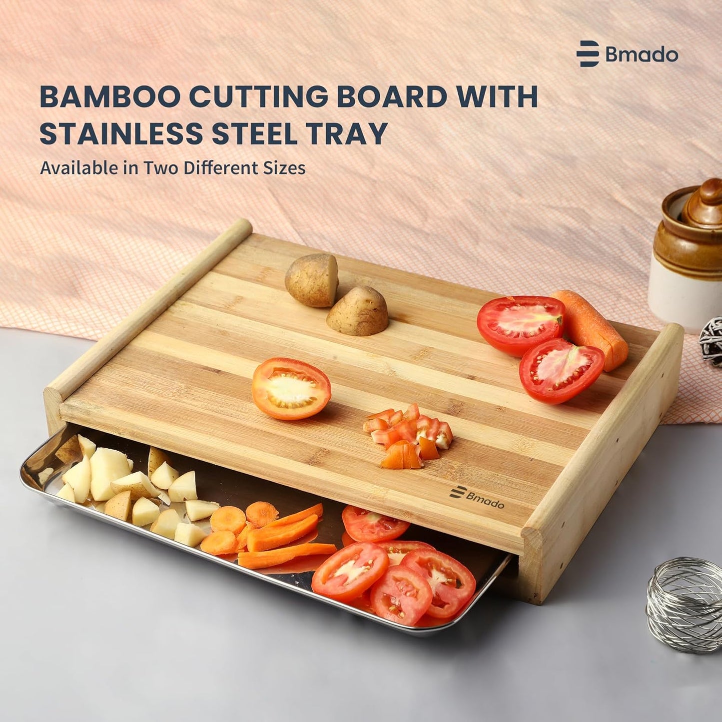 Bamboo Cutting Board with Stainless Steel Tray – (Medium) Wooden Chopping Board with Pull-Out Sliding Drawer Container (33 x 23 x 6 cm) for Kitchen & Food Prep
