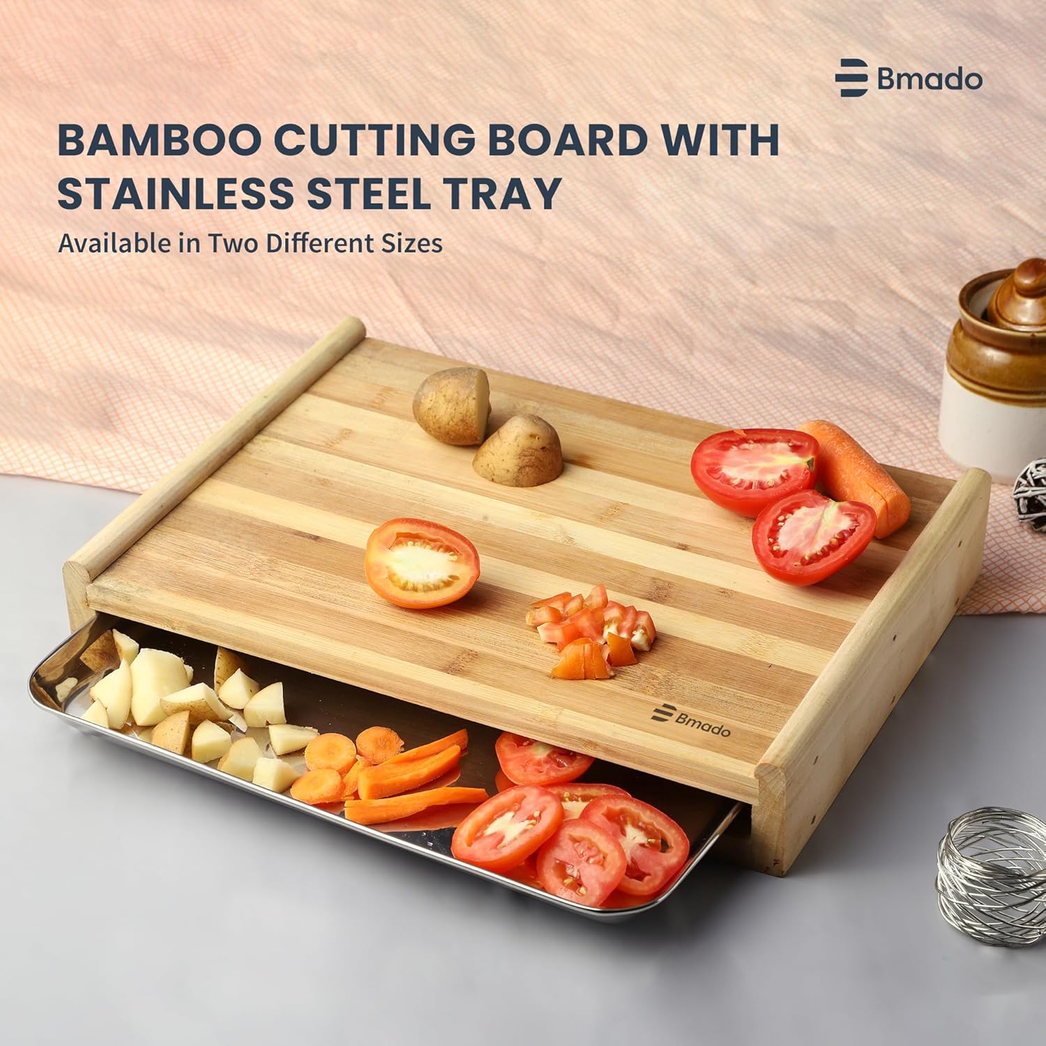 Bamboo Cutting Board with Stainless Steel Tray – (Medium) Wooden Chopping Board with Pull-Out Sliding Drawer Container (33 x 23 x 6 cm) for Kitchen & Food Prep