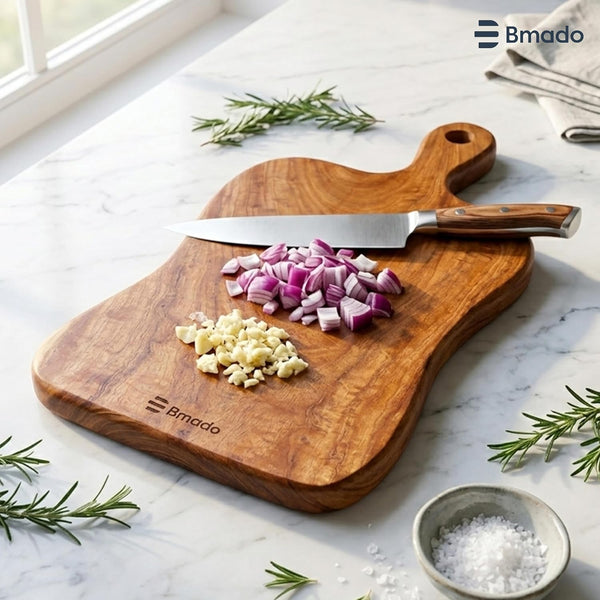 Bmado Premium Single-Piece Solid Wooden Cutting Board with Handle | 1.2 Inch Thick Heavy-Duty Rectangular Chopping Board | Knife-Safe for Vegetables, Meat & Fruits | No Joints One Block Design