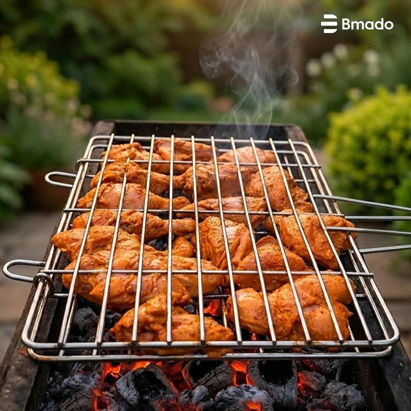 Bmado 304 Grade Stainless Steel BBQ Grill Basket with Long Handle | Heavy Duty Portable Barbecue Grilling Basket for Kebabs, Chicken, Fish, Shrimp & Vegetables | Food Grade Outdoor BBQ Tool