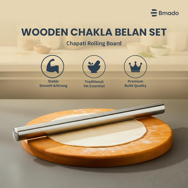 Wooden Chakla Belan Set | 10 Inch Chapati Rolling Board (1 Inch Thick) with 12 Inch Stainless Steel Rolling Pin | Traditional Indian Kitchen Tool for Dough and Flatbread Making