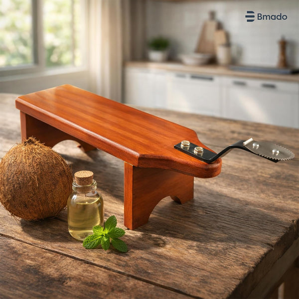 Bmado Traditional Wooden Coconut Scraper Stool Type (Thenga Thuruvi/Chirava) with Sharp Stainless Steel Blade | Strong, Stable & Safe Kitchen Tool for Daily Use