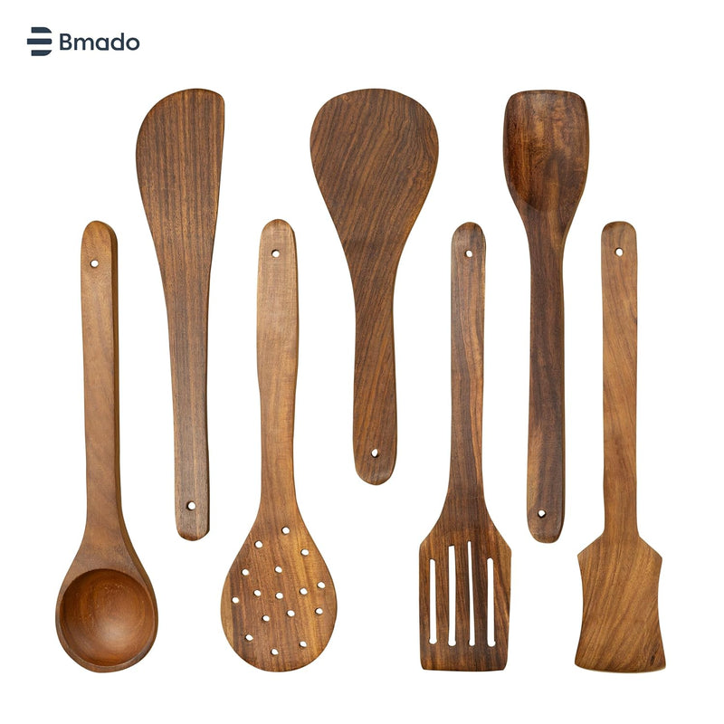 Premium Wooden Spatulas Set of 7 | Multi-Task Cooking Spoons & Ladles | with 2 Small Spoons [4.5 Inch] for Tea & Ice Cream | Nonstick & Stick Cookware