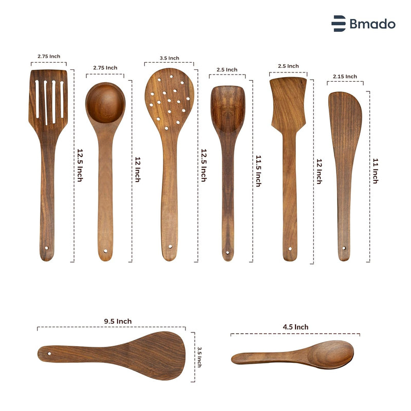 Premium Wooden Spatulas Set of 7 | Multi-Task Cooking Spoons & Ladles | with 2 Small Spoons [4.5 Inch] for Tea & Ice Cream | Nonstick & Stick Cookware