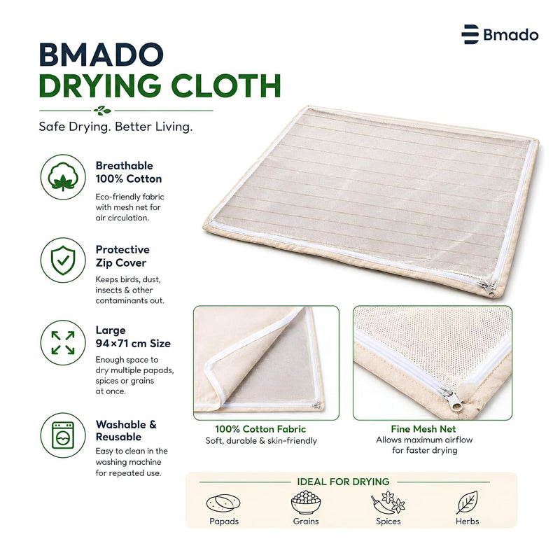 Bmado Cotton Drying Cloth with Net 94 x 71 cm | Breathable Reusable Food Drying Sheet for Papad, Vadagam, Spices, Millets & Mango Pickle Making | Washable Kitchen Drying Cloth