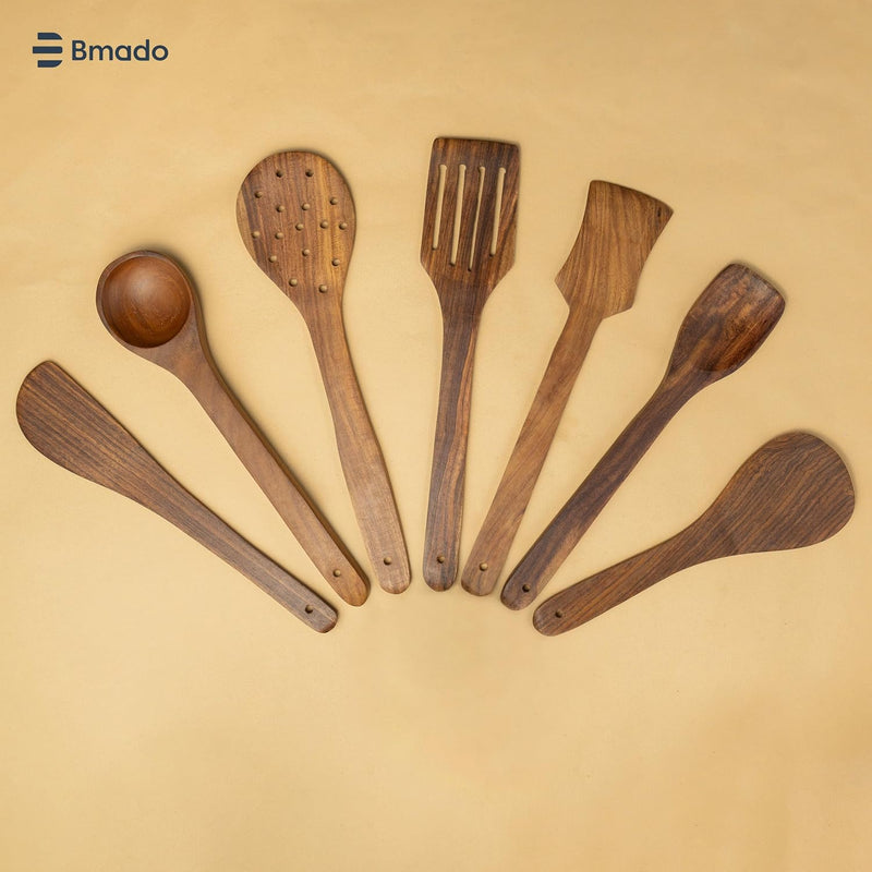 Premium Wooden Spatulas Set of 7 | Multi-Task Cooking Spoons & Ladles | with 2 Small Spoons [4.5 Inch] for Tea & Ice Cream | Nonstick & Stick Cookware