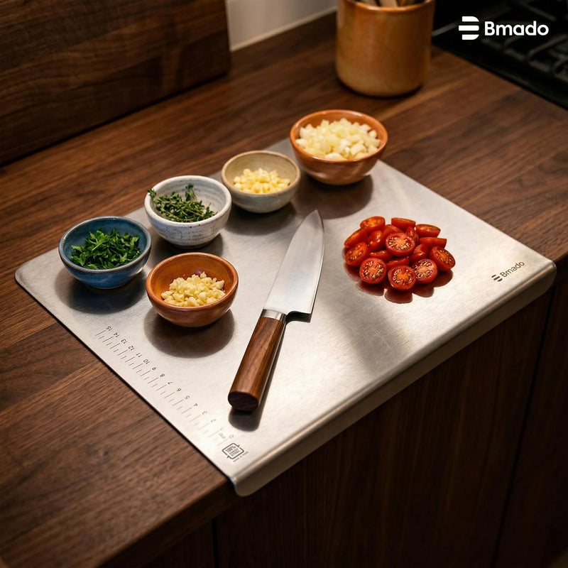 Bmado Premium Food Grade Counter Top Stainless Steel Chopping Cutting Board Vegetable,Fruit,Bread & Durable Safe & Heavy Duty, Regular (351 x 310 x 1.1)