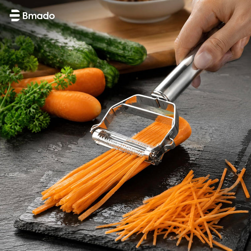 Bmado (Pack of 2) Multi-Function 2-in-1 Fruit & Vegetable Peeler | Stainless Steel Julienne Peeler, Slicer & Grater for Potato, Carrot, Cucumber & More | Silver | 18 L x 8 W x 2.5 H cm
