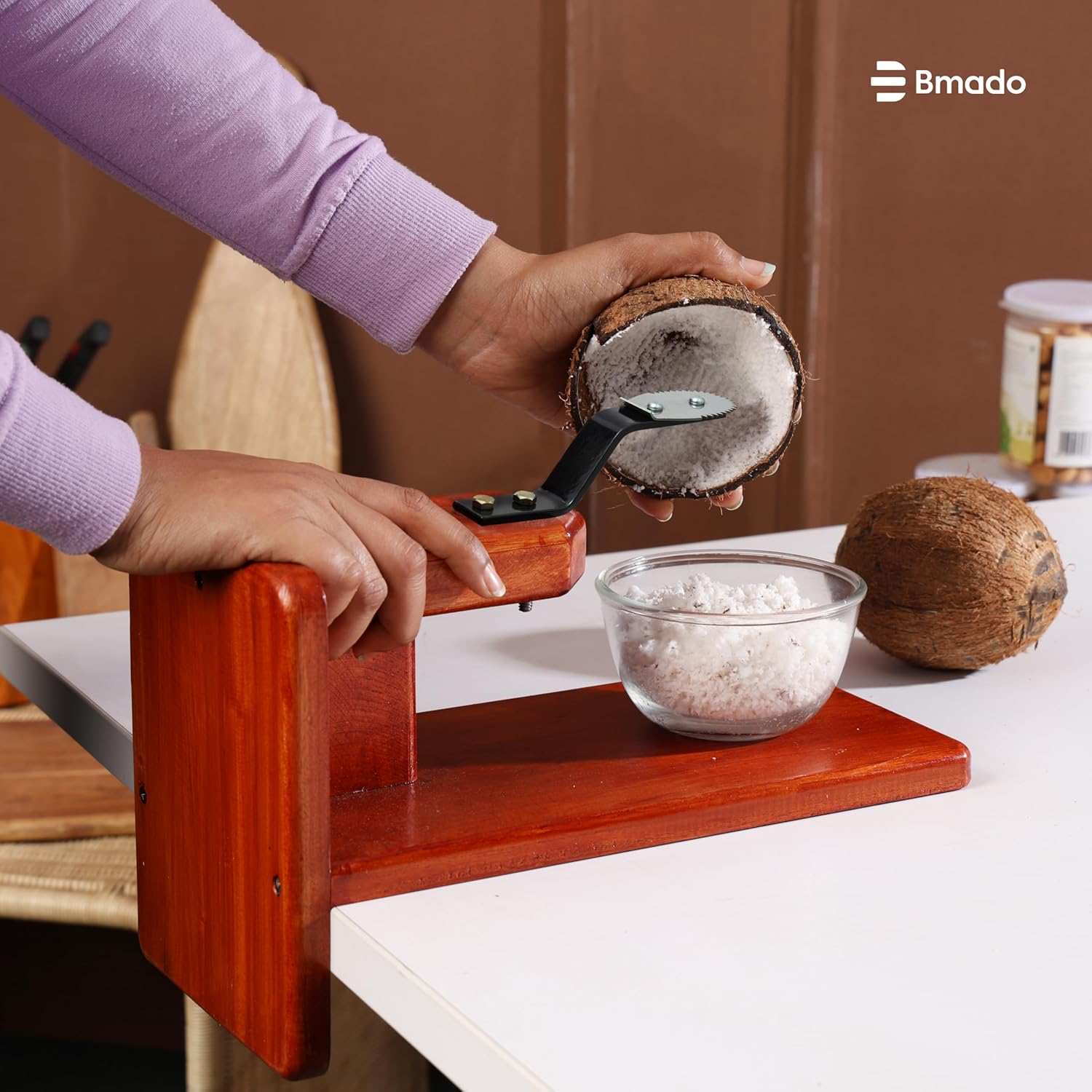 Traditional Polished Wooden Table-Top Manual Coconut Scraper – Chirava Grater Thengai Thuruvi with Stainless Steel Blade, Comfortable to Use (Weight - 850 Gram)