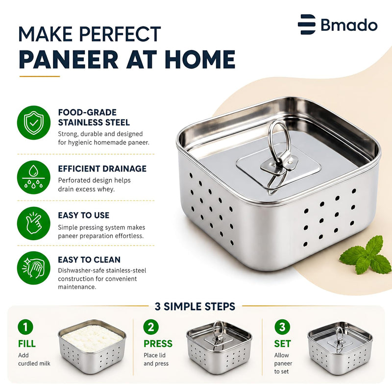Bmado Stainless Steel Paneer Maker (600 ml) | Square Paneer Mould Press with Lid | Easy Homemade Paneer, Tofu & Cheese Making Tool | Rust Resistant Paneer Strainer | Kitchen Essential