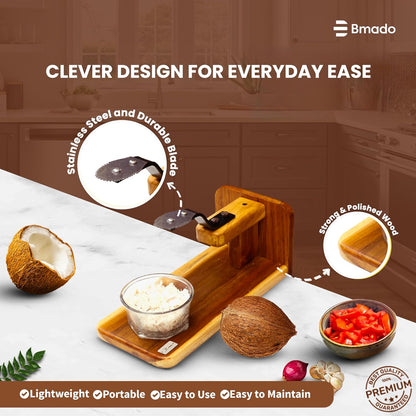 Traditional Polished Teak Table Top Coconut Scraper Chirava Grater Thengai Thuruvi with Stainless Steel Blade (Large, 1200g)