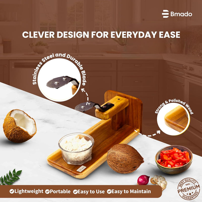 Traditional Polished Teak Table Top Coconut Scraper Chirava Grater Thengai Thuruvi with Stainless Steel Blade (Large, 1200g)