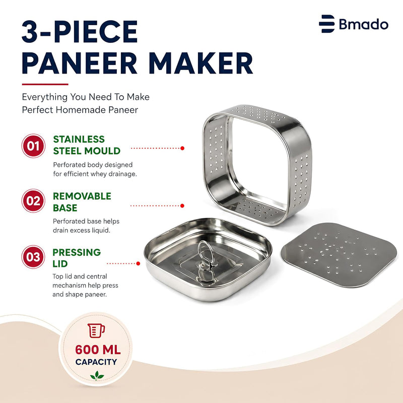 Bmado Stainless Steel Paneer Maker (600 ml) | Square Paneer Mould Press with Lid | Easy Homemade Paneer, Tofu & Cheese Making Tool | Rust Resistant Paneer Strainer | Kitchen Essential