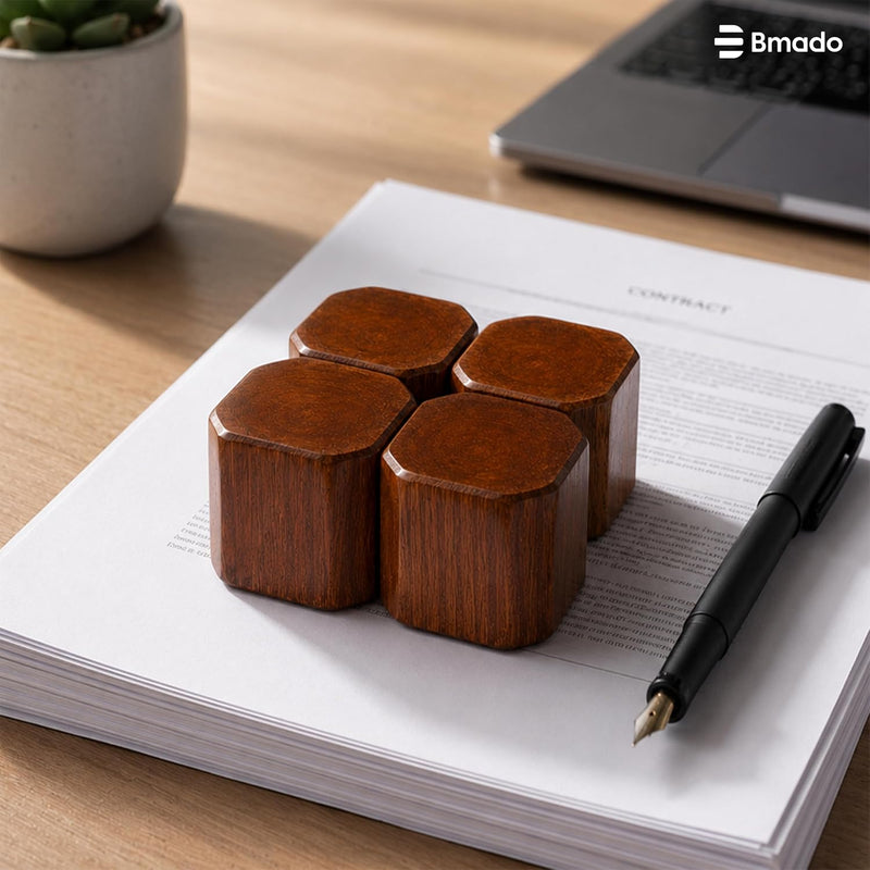 Bmado Wooden Paperweight (5.5 x 5.5 cm) | Handmade Solid Wood Paper Weight, Natural Wood Grain Texture, Desk Accessory, Home & Office Decor, Study Table Accessory, Gift Item - Brown