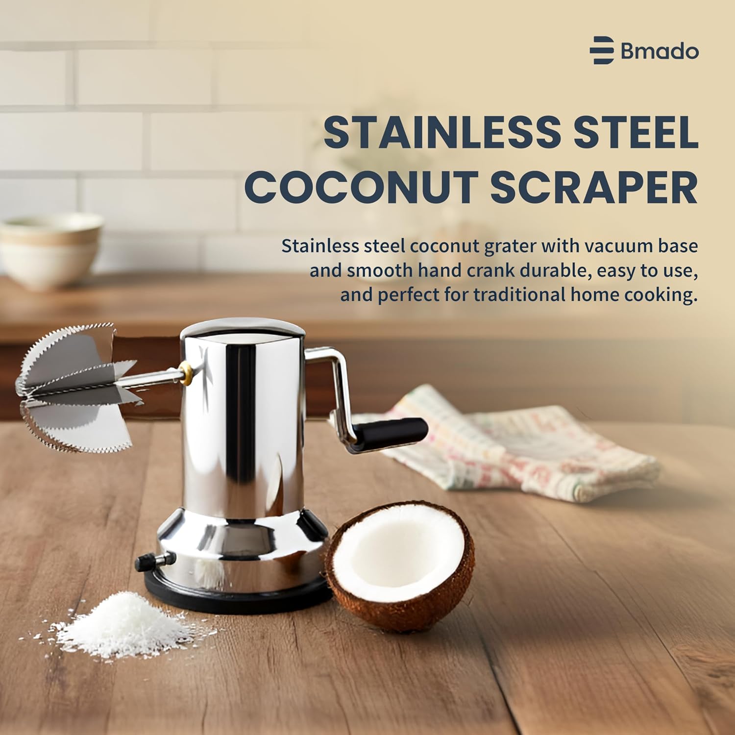 Stainless Steel Coconut Scraper for Kitchen, Coconut Grater with Vacuum Base, Rotatable Handle, Manual Operation, Silver – Easy to Use