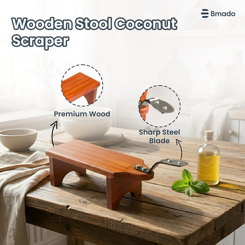 Bmado Traditional Wooden Coconut Scraper Stool Type (Thenga Thuruvi/Chirava) with Sharp Stainless Steel Blade | Strong, Stable & Safe Kitchen Tool for Daily Use