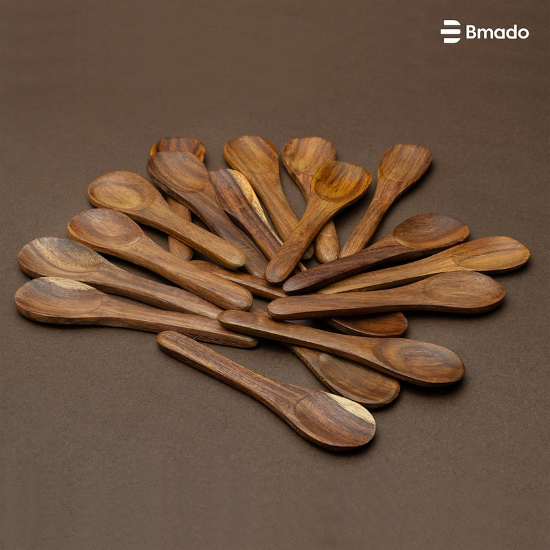 Bmado Traditional Wooden Spoons [Set of 18, 4.5 Inch] – Durable Small Wooden Spoons for Tea, Coffee, Ice Cream, Sugar, Condiments & Spices | Handcrafted Indian, Reusable Kitchen Tools