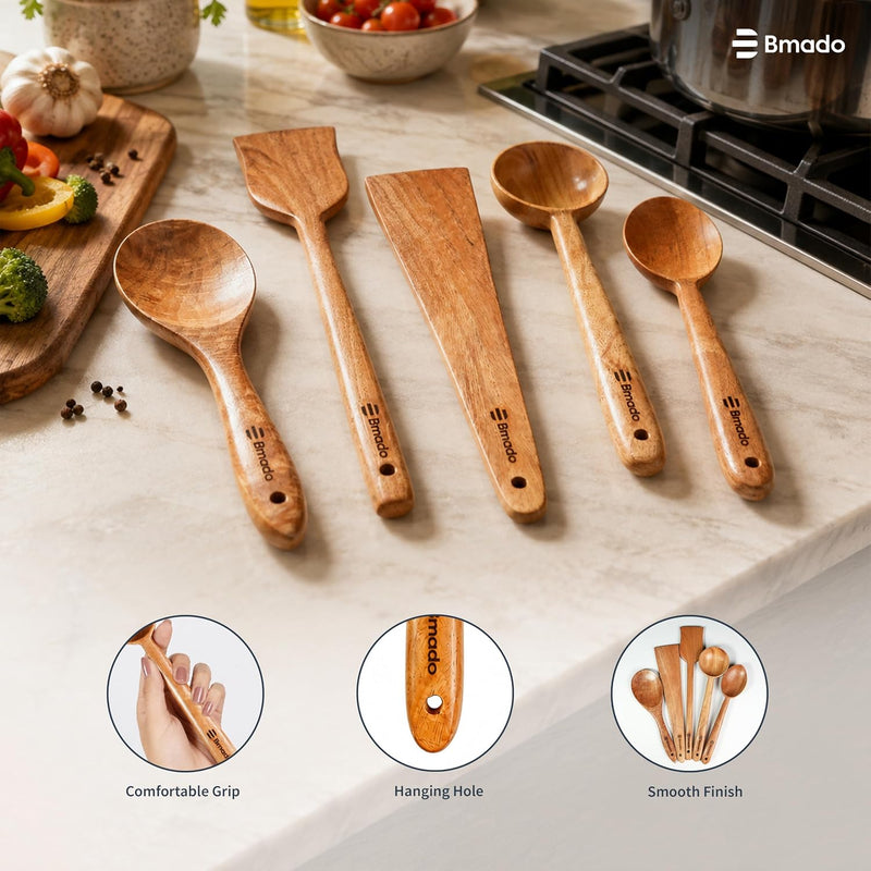Bmado Wooden Kitchen Tool Set of 5 | Compact Flip, Spatula, Ladle & Cooking Utensils for Dosa, Roti, Chapati & Everyday Cooking | Naturally Non-Stick | No Harmful Polish | Handmade Wooden Tools