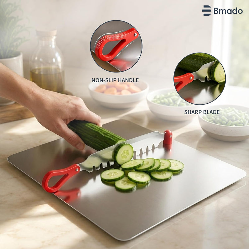 Bmado 304 Stainless Steel Cutting Board with Vegetable Cutter | Premium Food Grade Countertop Chopping Board for Vegetables, Fruits & Bread | Heavy Duty, Durable, Safe | 310 x 340 x 1.3 mm