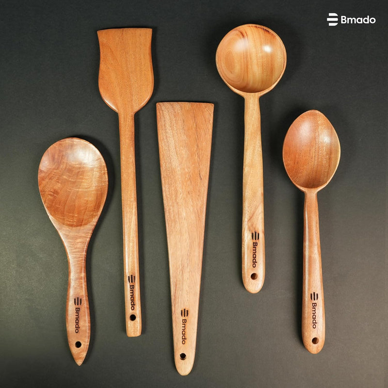 Bmado Wooden Kitchen Tool Set of 5 | Compact Flip, Spatula, Ladle & Cooking Utensils for Dosa, Roti, Chapati & Everyday Cooking | Naturally Non-Stick | No Harmful Polish | Handmade Wooden Tools
