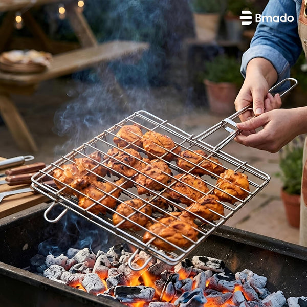 Bmado 304 Grade Stainless Steel BBQ Grill Basket with Long Handle | Heavy Duty Portable Barbecue Grilling Basket for Kebabs, Chicken, Fish, Shrimp & Vegetables | Food Grade Outdoor BBQ Tool