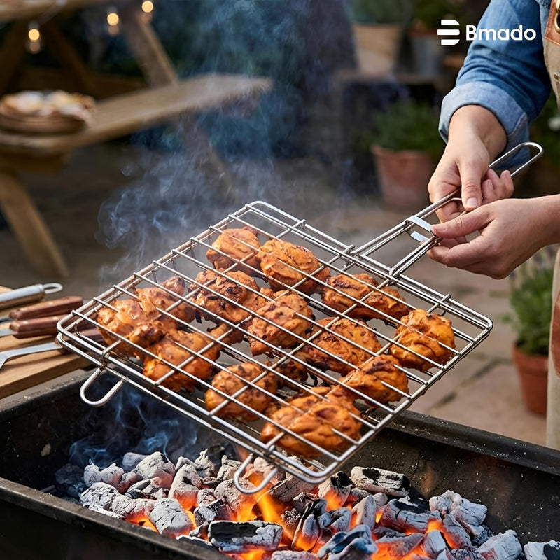 Bmado 304 Grade Stainless Steel BBQ Grill Basket with Long Handle | Heavy Duty Portable Barbecue Grilling Basket for Kebabs, Chicken, Fish, Shrimp & Vegetables | Food Grade Outdoor BBQ Tool