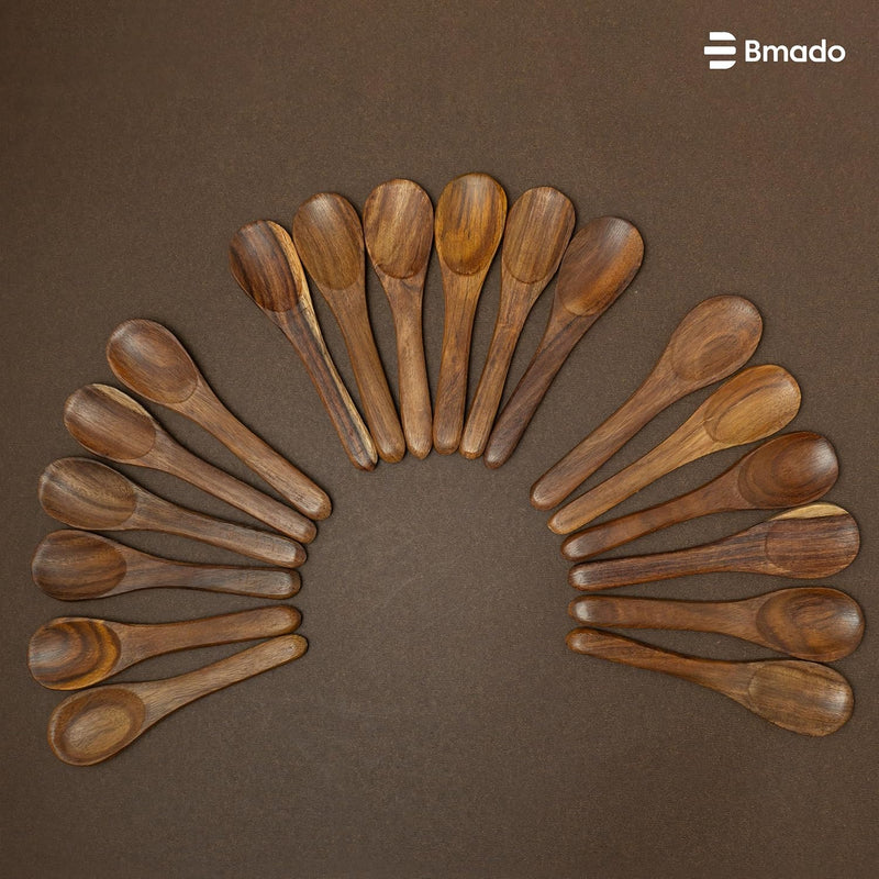 Bmado Traditional Wooden Spoons [Set of 18, 4.5 Inch] – Durable Small Wooden Spoons for Tea, Coffee, Ice Cream, Sugar, Condiments & Spices | Handcrafted Indian, Reusable Kitchen Tools