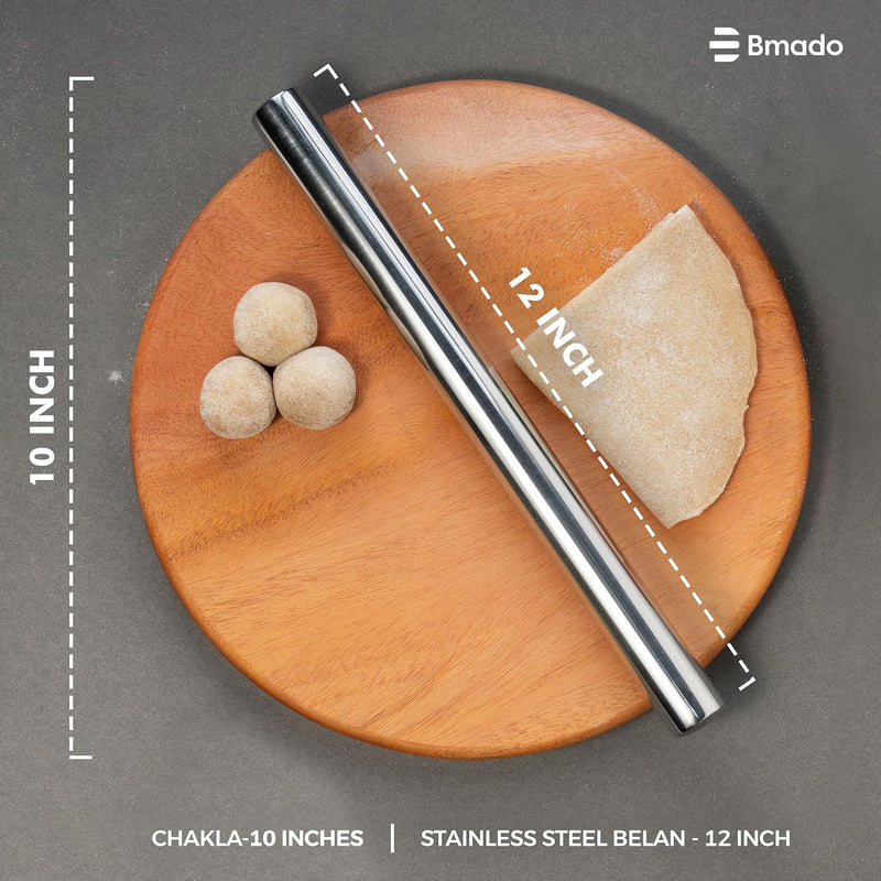 Wooden Chakla Belan Set | 10 Inch Chapati Rolling Board (1 Inch Thick) with 12 Inch Stainless Steel Rolling Pin | Traditional Indian Kitchen Tool for Dough and Flatbread Making