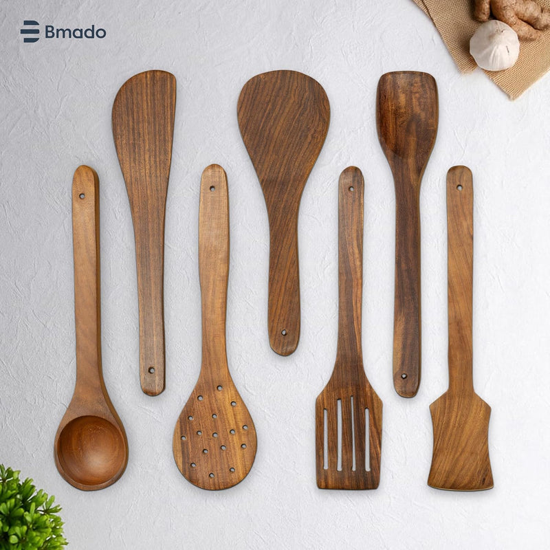 Premium Wooden Spatulas Set of 7 | Multi-Task Cooking Spoons & Ladles | with 2 Small Spoons [4.5 Inch] for Tea & Ice Cream | Nonstick & Stick Cookware