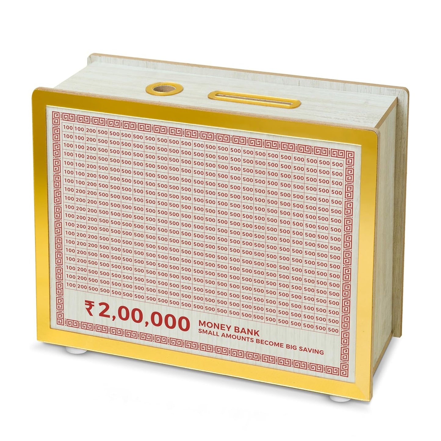 Wooden Money Bank | Laminated Secure Saver Box | Secure Your Money from Mold | Writable with Any Pen | 2 Lakh Savings Piggy Bank for Kids & Adults